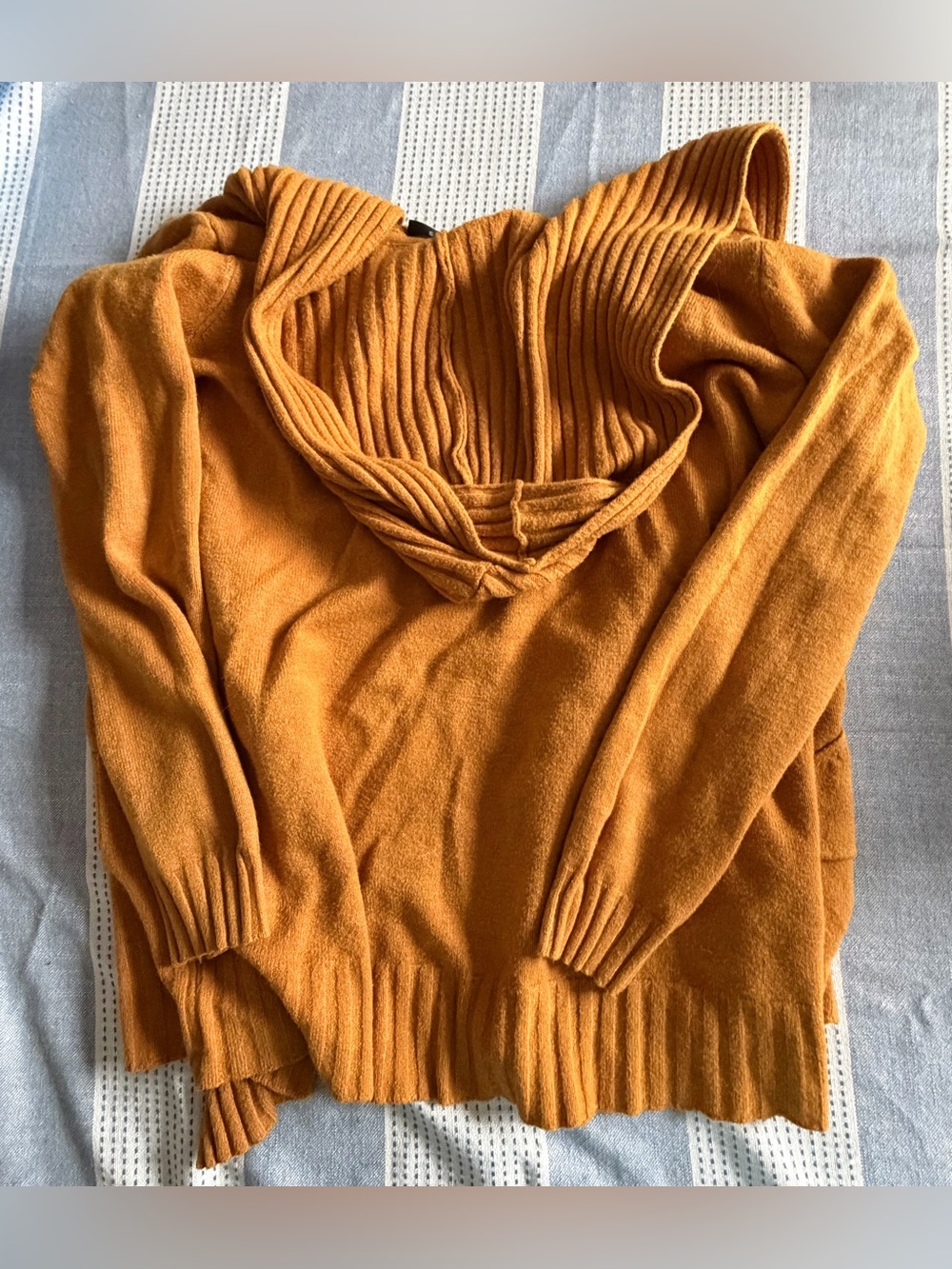 Cyrus Open-Front Ribbed-Trim Hooded Cardigan- Mustard - Picture 6 of 6